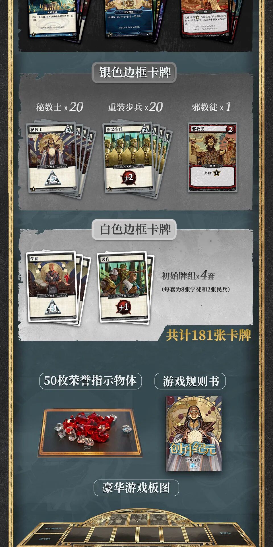 配件清单：银色边框卡牌、白色边框卡牌、荣誉指示物、规则书与板图