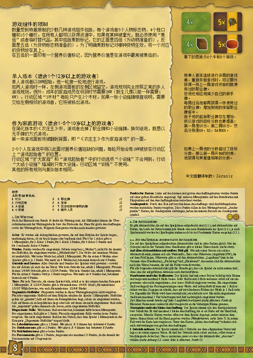 农场主规则书第 8 页:游戏组件的限制、单人版本、家庭游戏与附录目录