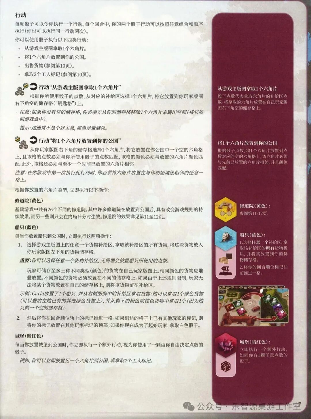 勃艮第城堡规则书第 7 页：行动与修道院、船只、城堡放置效果