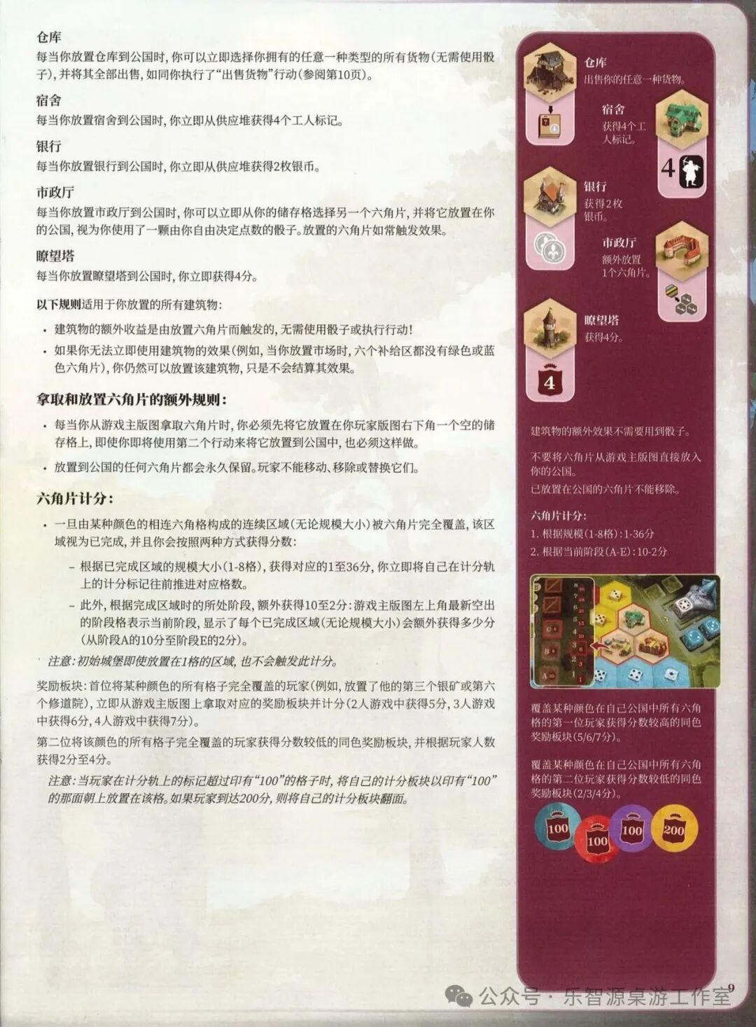 勃艮第城堡规则书第 9 页：八种建筑物效果与六角片计分