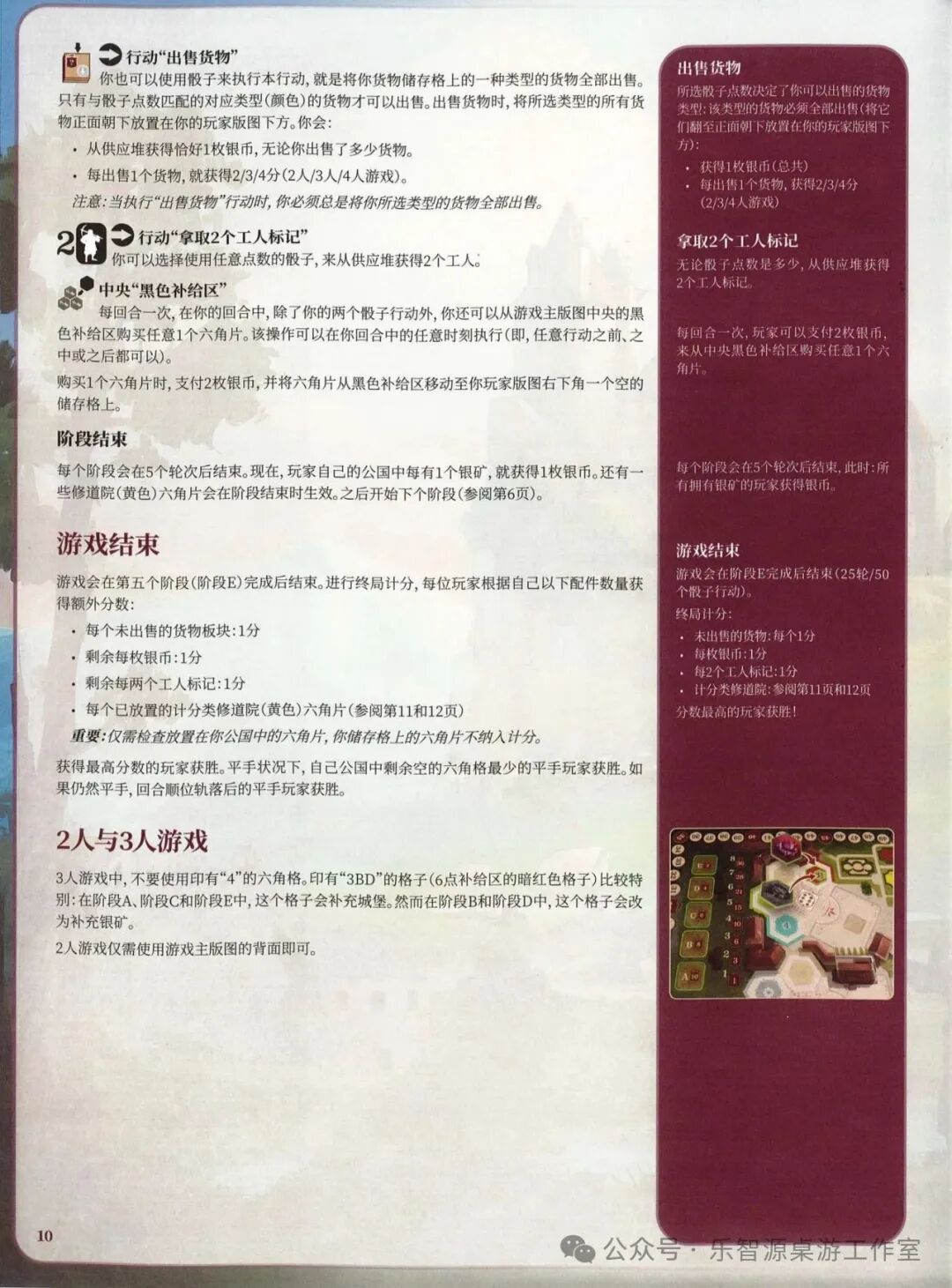 勃艮第城堡规则书第 10 页：出售货物、拿取工人、黑色补给区、阶段结束、游戏结束与 2 人 3 人游戏
