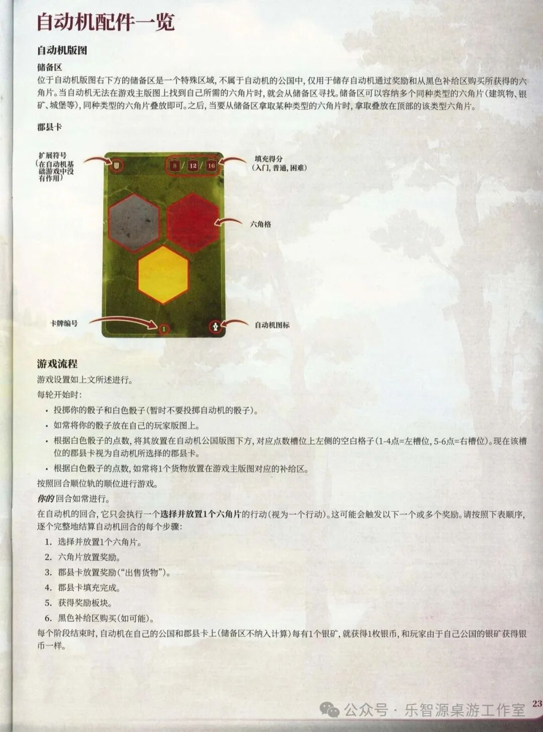 勃艮第城堡规则书第 23 页：自动机版图、郡县卡与游戏流程