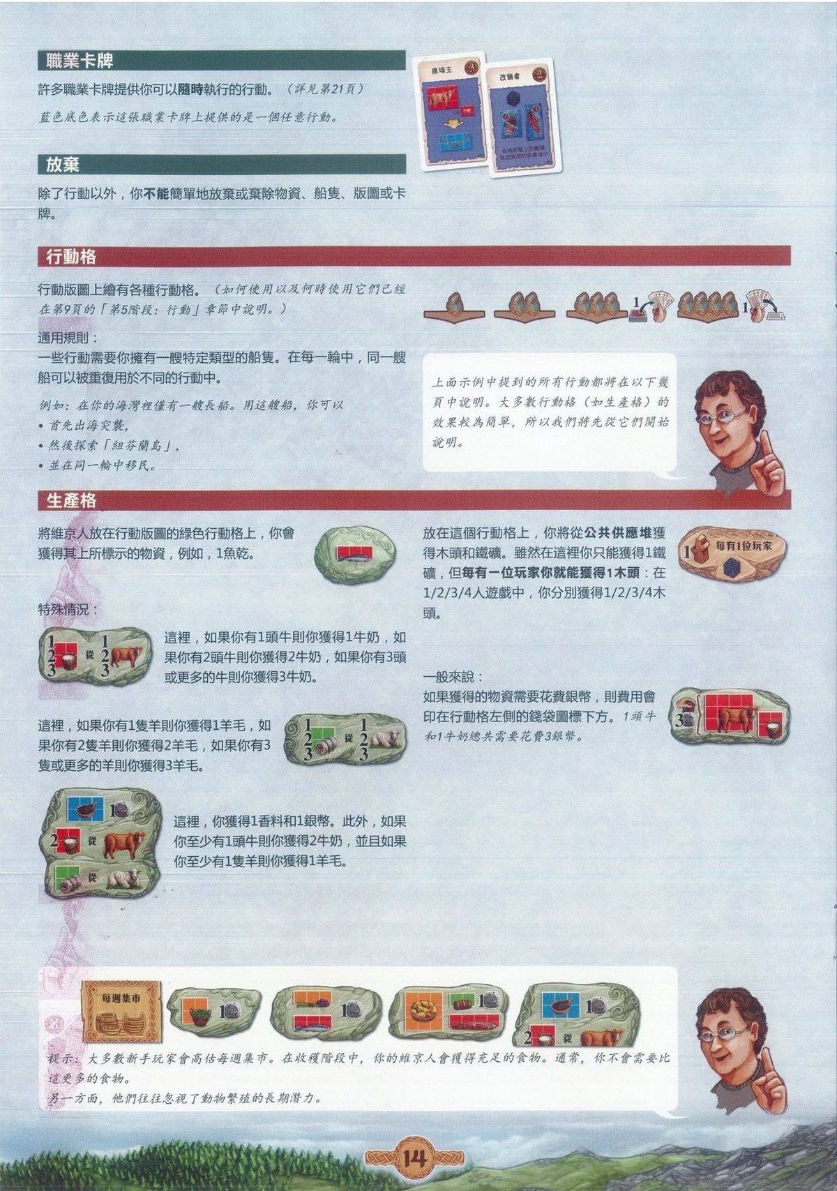 奥丁的盛宴规则书第 14 页：职业卡牌、行动格与生产格