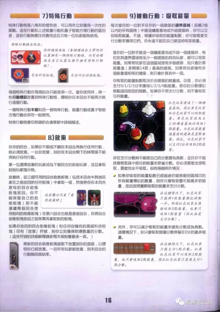 《蓋亞計劃》規則書印頁 16:行動 7) 特殊行動 · 8) 放棄 · 9) 被動行動:吸取能量