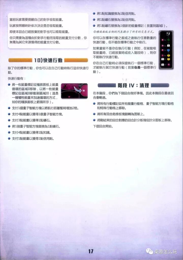 《蓋亞計劃》規則書印頁 17:行動 10) 快速行動 · 階段 IV:清理