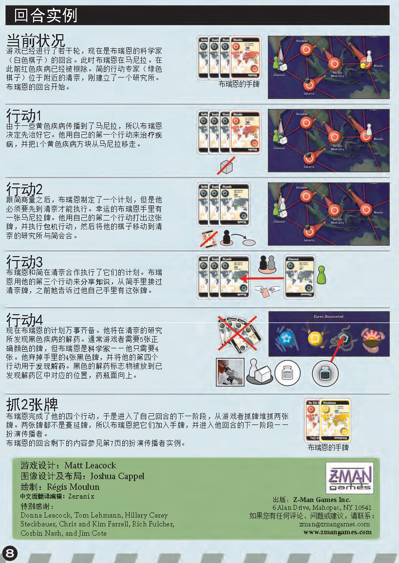瘟疫危机规则书第 8 页：回合实例与版权信息