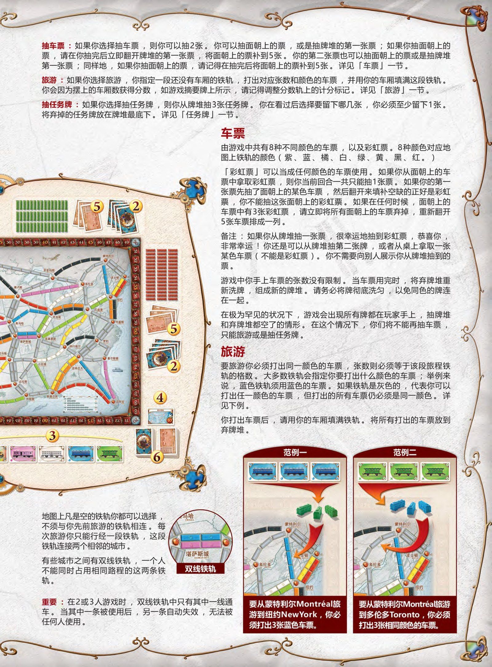 铁路环游规则书第 3 页：回合三行动摘要、车票与旅游细则、范例