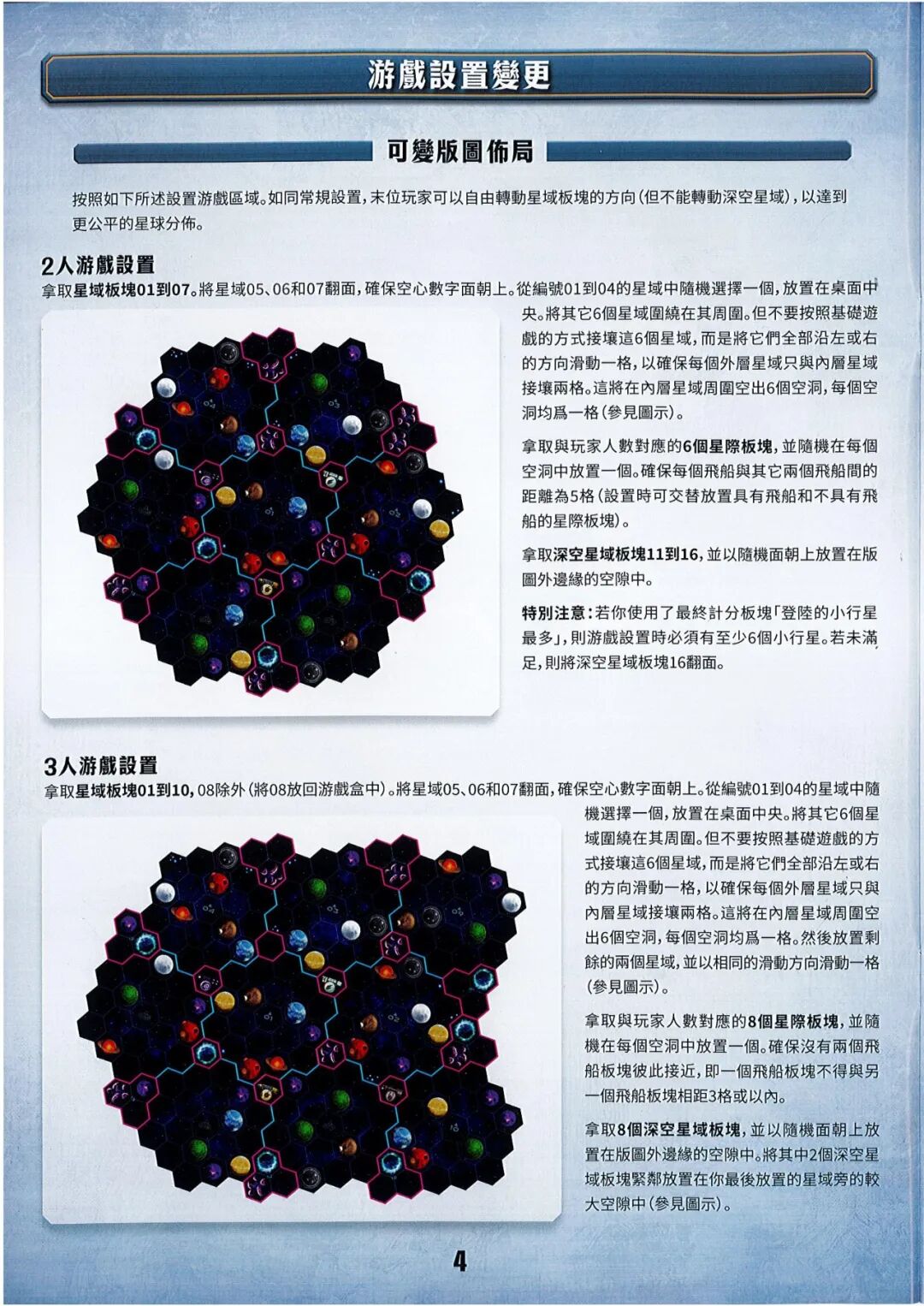 盖亚计划:失落的舰队规则书第 4 页扫描图:遊戲設置變更 · 可變版圖佈局(2 人/3 人)