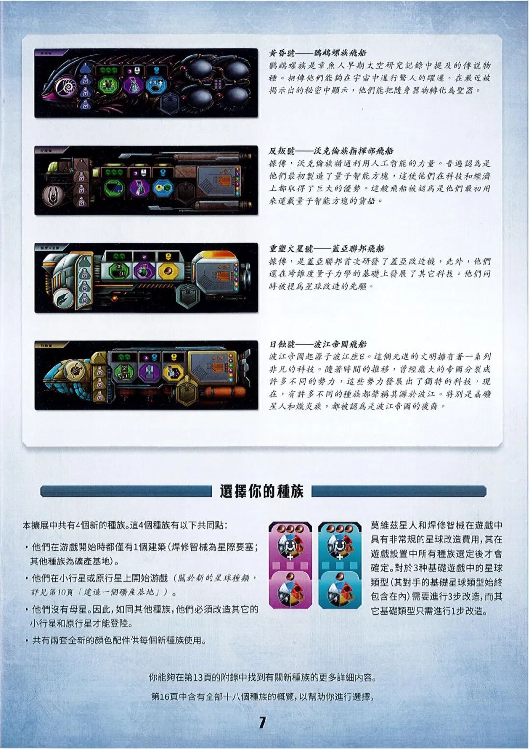 盖亚计划:失落的舰队规则书第 7 页扫描图:四艘飛船背景(黃昏號/反叛號/重塑火星號/日蝕號) · 挑選你的種族