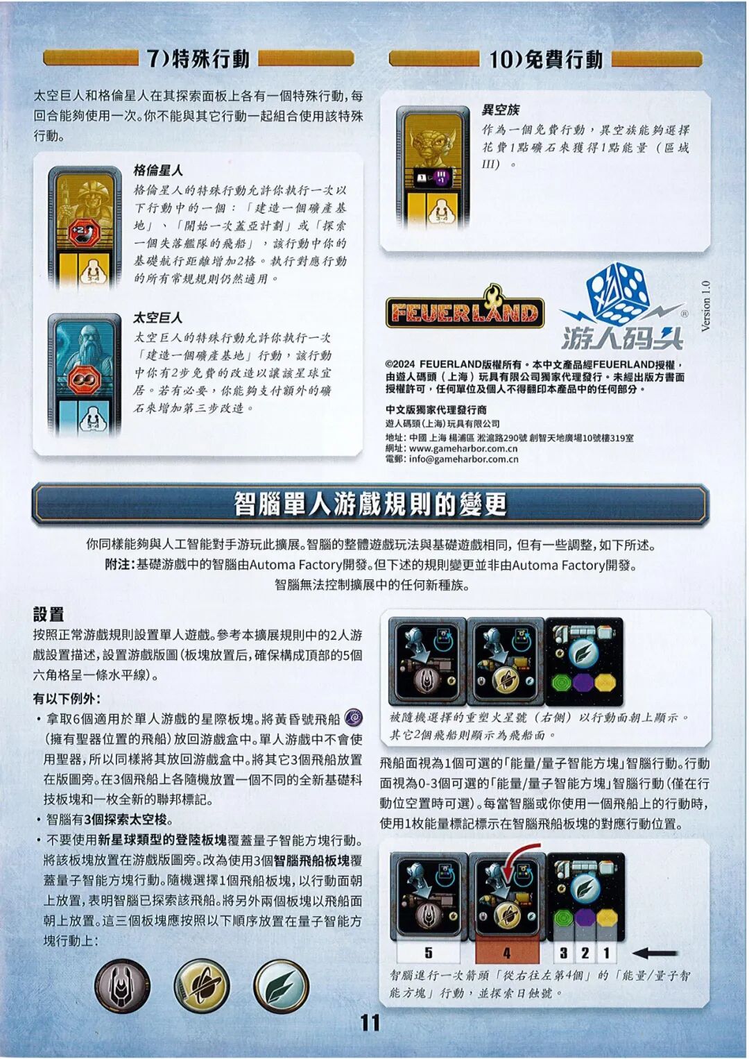 盖亚计划:失落的舰队规则书第 11 页扫描图:特殊行動/免費行動變更 · 版權 · 智腦單人遊戲規則的變更(設置)